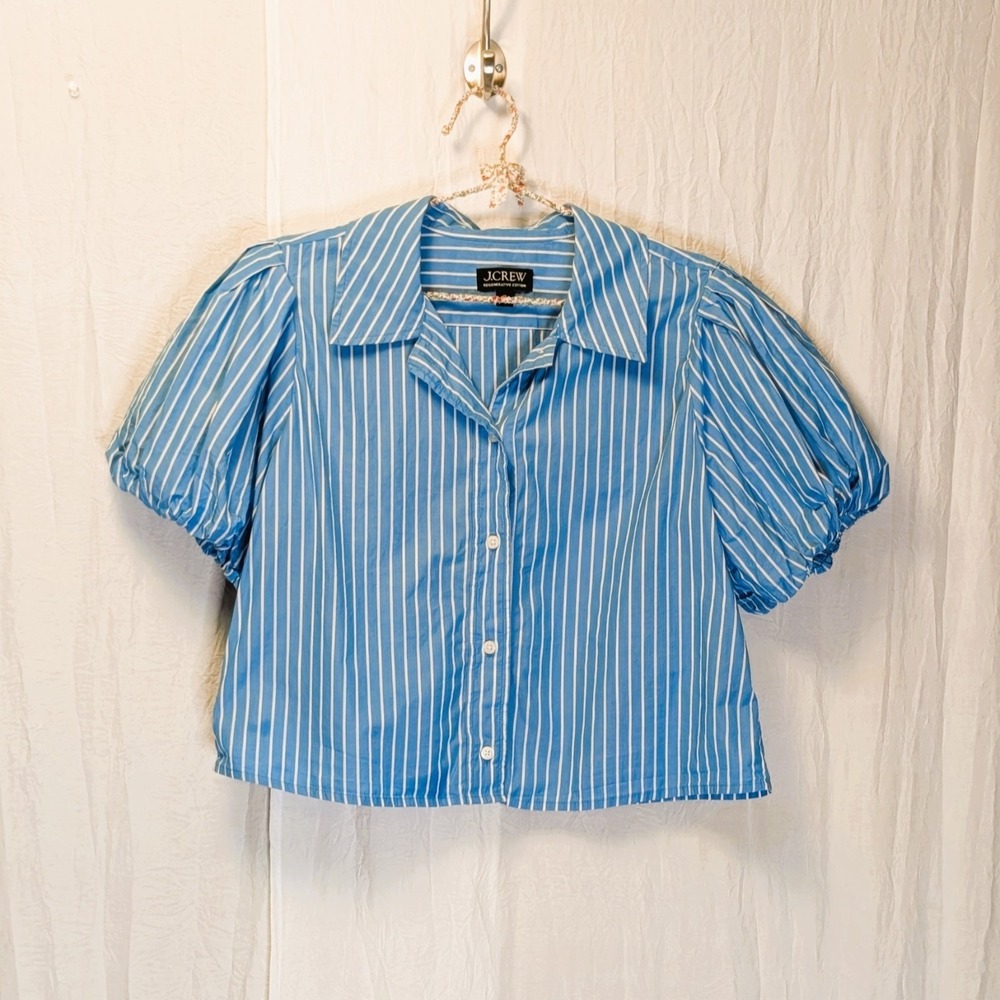 J. Crew Gamine Puff-Sleeve Shirt in Blue with White Stripe Preppy Size 10 Chic